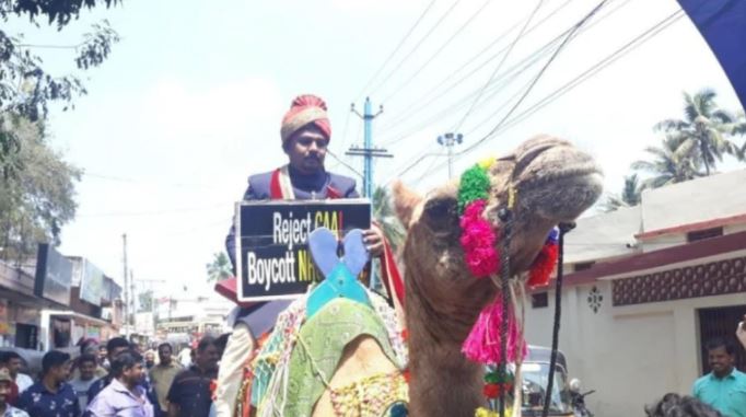 Kerala groom arrives for wedding on camel with a placard to protest against CAA