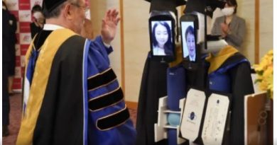 Japan An example of social distancing. In convocation robots replaced students to take degrees