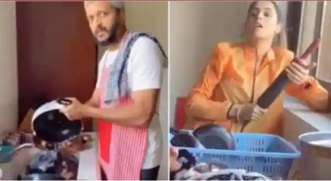 Ritesh Deshmukh cleans dishes for fear of wife Genelia video