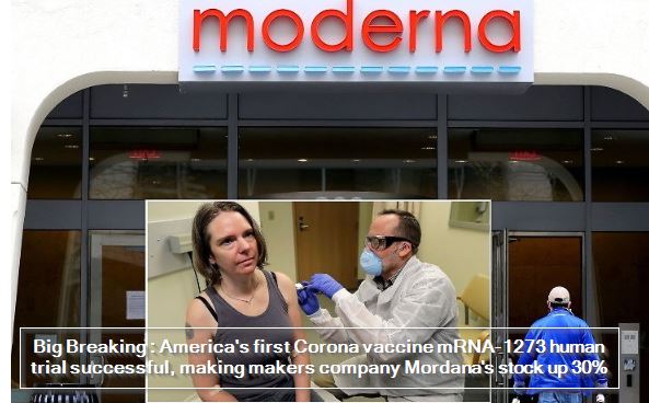 America's first Corona vaccine mRNA-1273 human trial successful, making makers company Mordana's stock up 30%