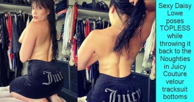 Daisy Lowe poses TOPLESS in Noughties velour tracksuit bottoms _