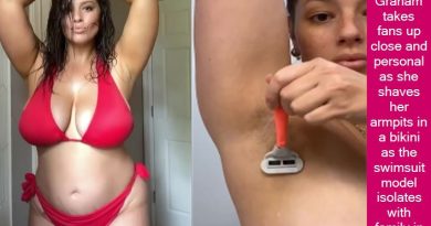 Ashley Graham takes fans up close and personal as she shaves her armpits in a bikini as the swimsuit model isolates with family in Nebraska