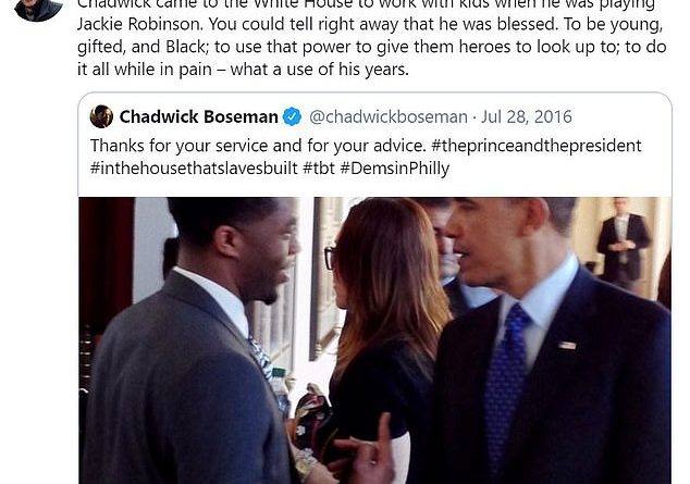 Meeting of the minds: Barack Obama, 59, shared his memories on Saturday of meeting Chadwick Boseman at the White House in 2013 when he came to work with children while promoting his Jackie Robinson biopic 42