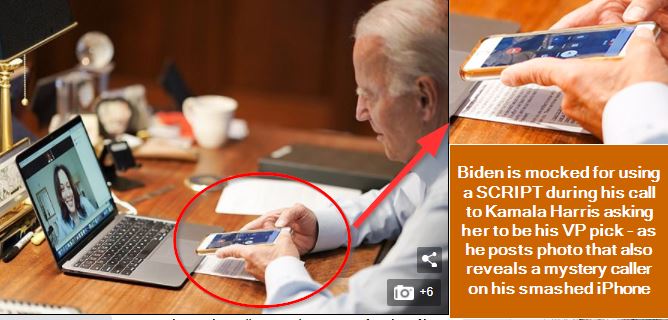 Biden is mocked for using a SCRIPT during his call to Kamala Harris asking her to be his VP pick - as he posts photo that also reveals a mystery caller on his