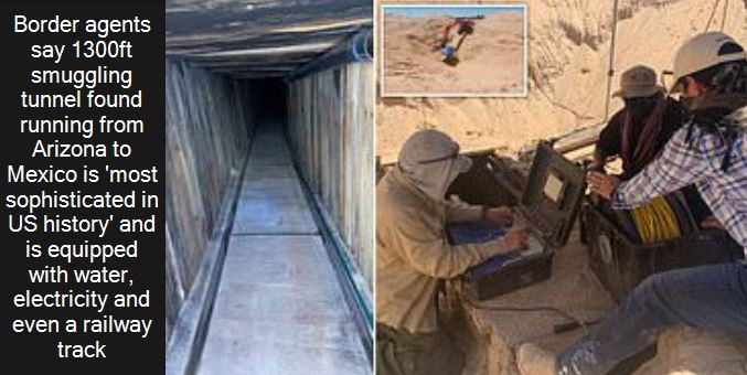 Border agents say 1300ft smuggling tunnel found running from Arizona to Mexico is 'most sophisticated in US history' and is equipped with water, electricity and even a railway track