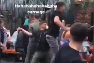 One of the thugs throws throws a missile across the beer garden