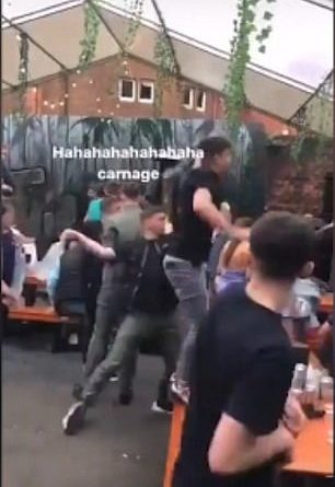 One of the thugs throws throws a missile across the beer garden