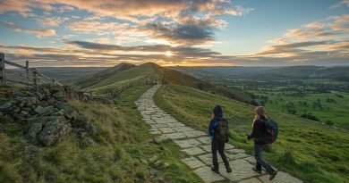 Temperatures are set to plunge as low as 10C in parts of the UK - as much as 5C below the average. Pictured are a pair walking through the early morning sunshine in Lose Hill, Peak District