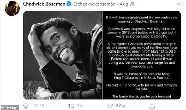 History maker: Twitter confirmed over the weekend that the announcement of 43-year-old actor Chadwick Boseman