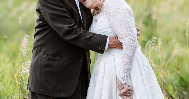 Both Marvin (left) and Lucille (right) wore their original wedding attire to the photo shoot, including the lace wedding gown Lucille sewed herself