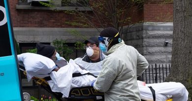 The Department of Justice (DOJ) is demanding COVID-19 data from the governors of New York, New Jersey, Pennsylvania and Michigan to probe whether rules around testing nursing home patients caused the deaths of thousands of elderly people. Ambulance workers pick up an elderly man from Cobble Hill Health Center in New York in April