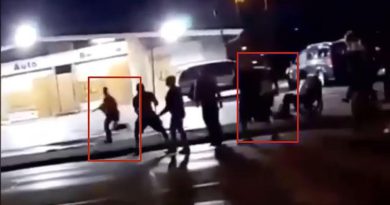 Disturbing new footage has emerged which appears to show the police-obsessed gunman, left, charged with the murder of two BLM protesters in Kenosha shooting dead his first victim before running away