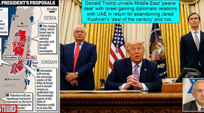 Donald Trump unveils Middle East 'peace deal' with Israel gaining diplomatic relations with UAE in return for abandoning Jared Kushner's 'deal of the century' and not annexing swathes of West Bank