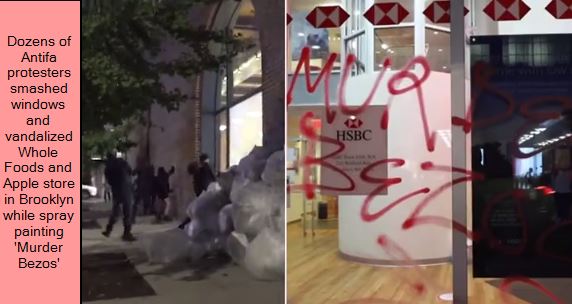 Dozens of Antifa protesters smashed windows and vandalized Whole Foods and Apple store in Brooklyn while spray painting 'Murder Bezos'