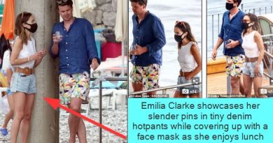 Emilia Clarke showcases her slender pins in tiny denim hotpants while covering up with a face mask as she enjoys lunch with her pals
