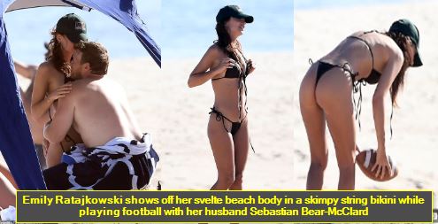 Emily Ratajkowski shows off her svelte beach body in a skimpy string bikini while playing football with her husband Sebastian Bear-McClard