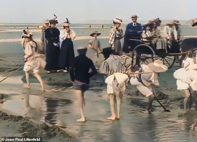 The film from 1896 has been restored to full colour. It shows some Victorian parents and children on an un-named beach. The clip was stored in the French archives