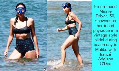 Fresh-faced Minnie Driver, 50, showcases her toned physique in a vintage style bikini during beach day in Malibu with fiancé Addison O'Dea