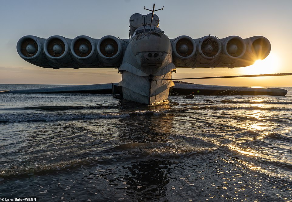The futuristic-looking MD-160 Lun-class ekranoplan was towed by tug across the Caspian Sea last month as part of a 14-hour journey from Kaspiysk naval base to Derbent, Dagestan