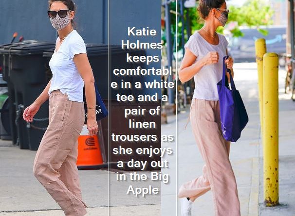Katie Holmes keeps comfortable in a white tee and a pair of linen trousers as she enjoys a day out in the Big Apple