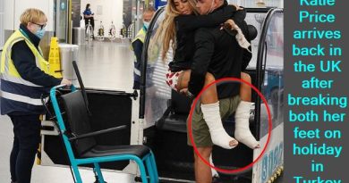 Katie Price arrives back in the UK after breaking both her feet on holiday in Turkey