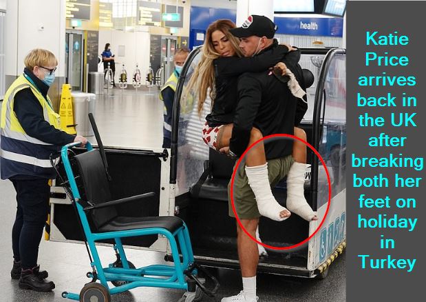 Katie Price arrives back in the UK after breaking both her feet on holiday in Turkey