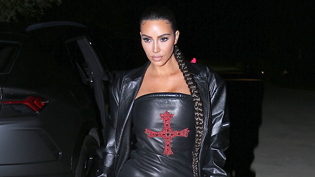 Kim Kardashian Rocks Leather Dress & Matching Trench Coat While Out To Dinner With Pals