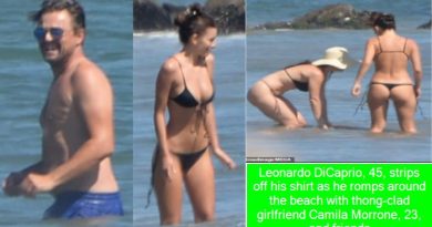 Leonardo DiCaprio, 45, strips off his shirt as he romps around the beach with thong-clad girlfriend Camila Morrone, 23, and friends