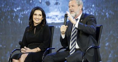Embattled evangelical leader Jerry Falwell Jr may be owed $10.5million by Liberty University following his resignation in the wake of a sex scandal involving his wife and a Miami pool boy. Falwell pictured in November 2018 with wife Becki speaking at Liberty University