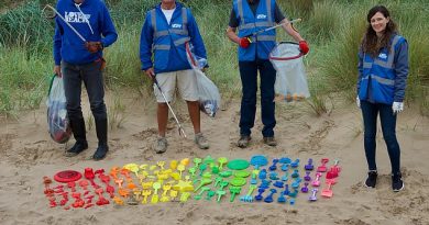Toy story: Spades, frisbees and moulds lined up on St Annes beach near Blackpool. Volunteers say the cheap toys are increasingly being seen as one-use items to be left behind