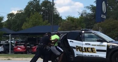 Cell phone footage shows Mathias Ometu (center) being forcefully shoved into a police cruiser on Tuesday in San Antonio, Texas