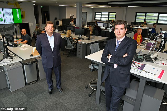 The town¿s biggest employer, Linney, a marketing, printing and packaging firm, said it was delighted productivity was at 85 per cent of pre-pandemic levels. Pictured: Miles and Charlie Linney of the town¿s biggest employer, Linney, a marketing, printing and packaging firm
