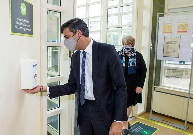Chancellor Rishi Sunak wearing face coverings and using hand sanitising gel as they arrive for a visit to the Jobcentre Plus in Barking, east London last month as experts warn excessive hand gel use may allow bugs to build up a resistance risking a