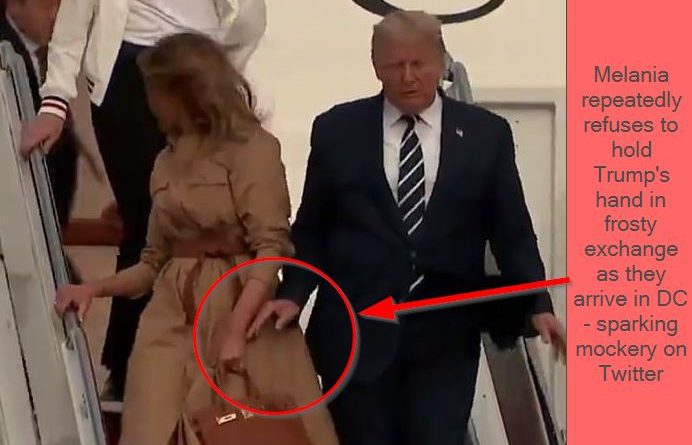 Melania repeatedly refuses to hold Trump's hand in frosty exchange as they arrive in DC - sparking mockery on Twitter