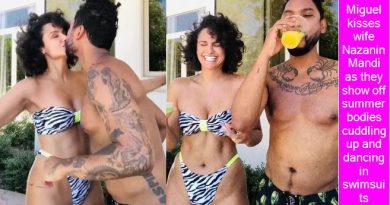 Miguel kisses wife Nazanin Mandi as they show off summer bodies cuddling up and dancing in swimsuits