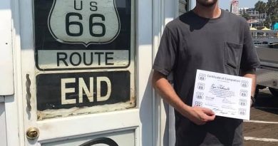 Ryan Tebo completed Route 66 this month and is pictured with his certificate in Santa Monica, California