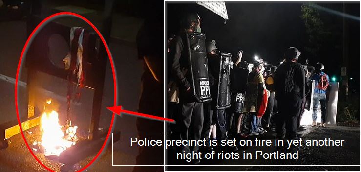 Police precinct is set on fire in yet another night of riots in Portland