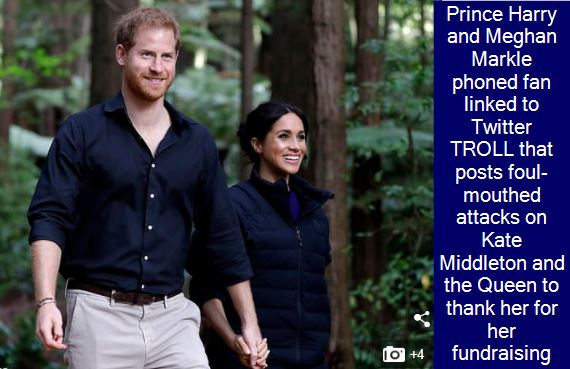 Prince Harry and Meghan Markle phoned fan linked to Twitter TROLL that posts foul-mouthed attacks on Kate Middleton and the Queen to thank her for her fundraising