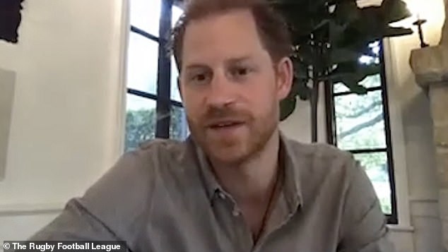 The Duke of Sussex , 35, joined a virtual call from his $14 million mansion in Santa Barbara where he is currently living with Meghan Markle , 39, and son Archie, one