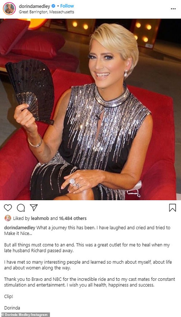 Time to go: Dorinda Medley has quit her Bravo show Real Housewives Of New York after six seasons on the show. The 55-year-old star made the announcement on Instagram while sharing a photo of herself with a black sparkly fan