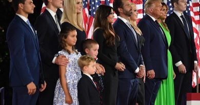Donald Trump appeared alongside his whole family on the last night of the RNC, in a rare sight. From left to right, they are: Michael Boulos, partner of Tiffany Trump; Jared Kushner and Ivanka Trump, and their children Arabella, Joseph and Theodore; Eric Trump and wife Lara (obscured from the frame); Donald Trump Jr and his partner Kimberly Guilfolye; Tiffany Trump, Donald Trump, his wife Melania and their son Barron
