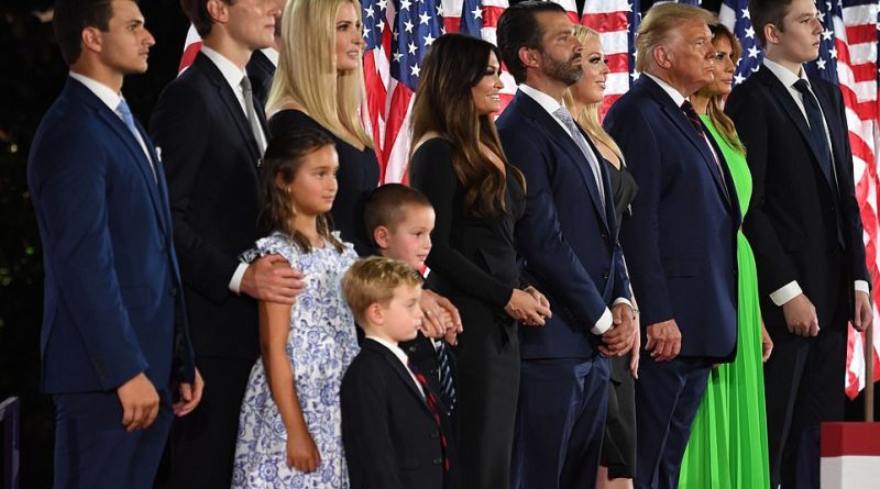 Donald Trump appeared alongside his whole family on the last night of the RNC, in a rare sight. From left to right, they are: Michael Boulos, partner of Tiffany Trump; Jared Kushner and Ivanka Trump, and their children Arabella, Joseph and Theodore; Eric Trump and wife Lara (obscured from the frame); Donald Trump Jr and his partner Kimberly Guilfolye; Tiffany Trump, Donald Trump, his wife Melania and their son Barron