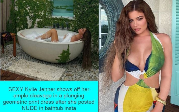 SEXY Kylie Jenner shows off her ample cleavage in a plunging geometric print dress after she posted NUDE in bathtub insta