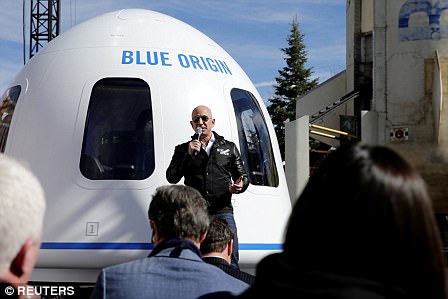Jeff Bezos in front of Blue Origin