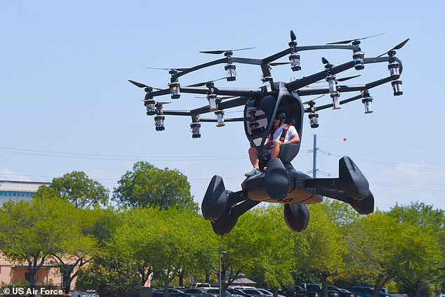 LIFT CEO Matt Chasen pilots Hexa over Camp Mabry on August 20. The prototype electric vertical takeoff and landing (eVTOL) craft uses 18 independent rotors and is controlled by a three-axis joystick