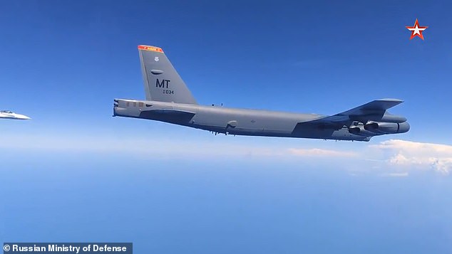 Video released by the Russian Ministry of Defense shows an American B-52 bomber being intercepted over the Black Sea on Friday morning