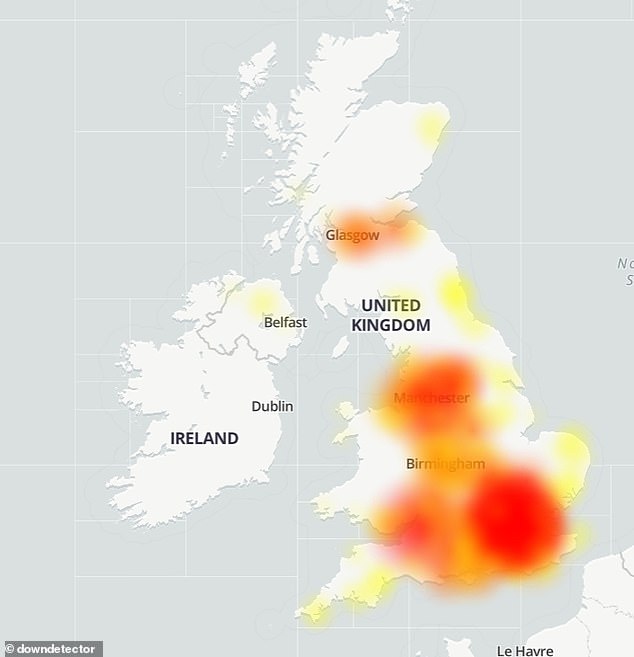 Vodafone is down across the United Kingdom today, leaving thousands of customers unable to access 4G internet and make calls for two hours. Pictured: Hotspots of complaints filed with the website Downdetector included much of the south of England, Manchester and Glasgow