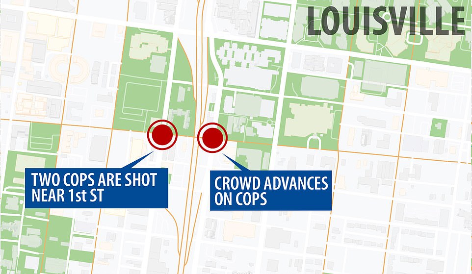 The map above shows the site where two officers were shot in Louisville on Wednesday night compared with where protesters confronted a line of police around the same time