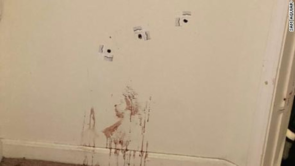 Bullet holes and blood smeared on the walls could be seen in one evidence photo from inside Taylor's apartment after she was shot dead