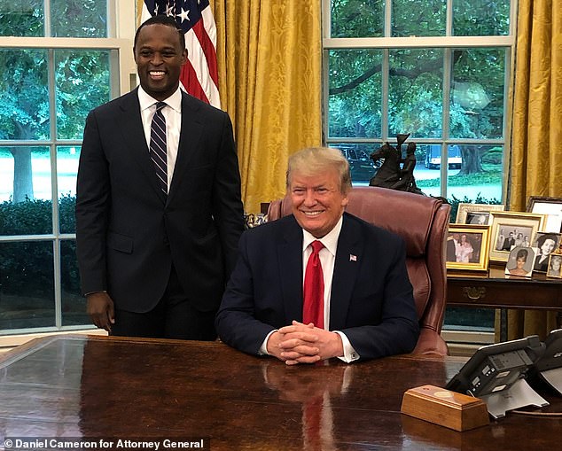 Cameron (pictured last year in the Oval Office) is considered a rising star in the Republican party. Trump on Wednesday praised Cameron's 'fantastic' handling of the Breonna Taylor case and called him 'really brilliant' and a 'star'